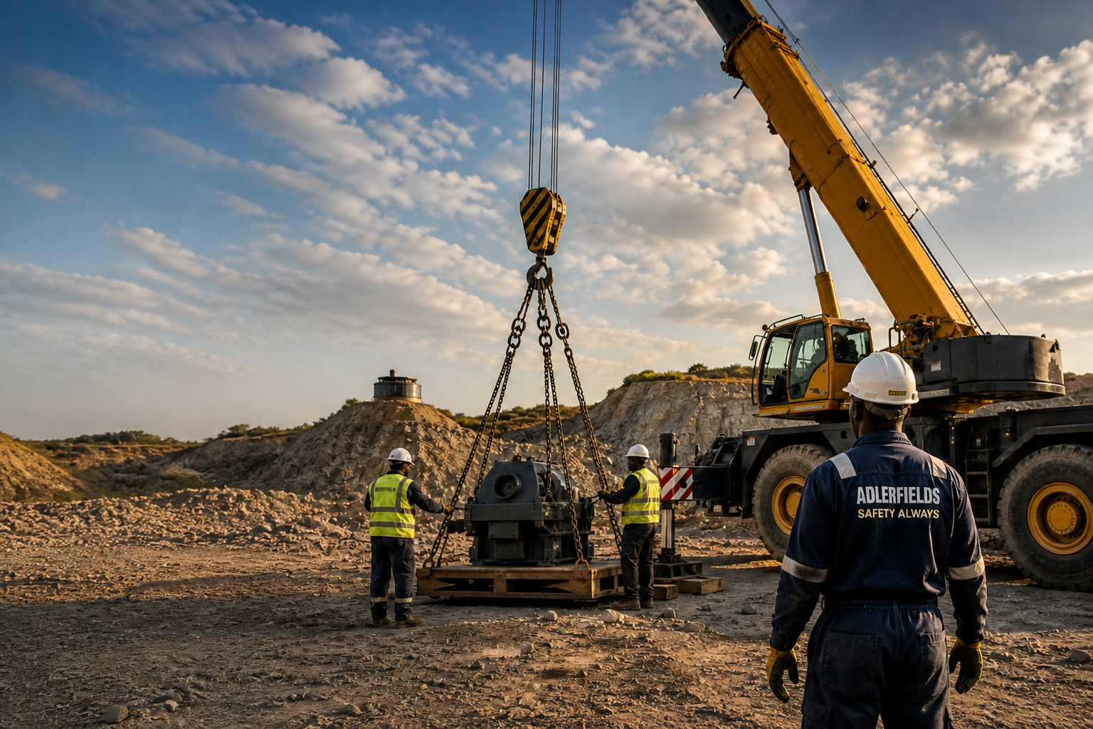 Adlerfields mine-support crew coordinating a heavy lift with a mobile crane at a quarry